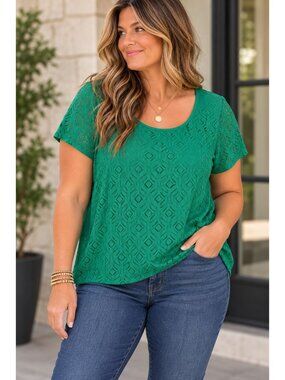 Market & Spruce Women Plus Sz XXL Blouse Short Sleeve Green Lace Top Zip Back